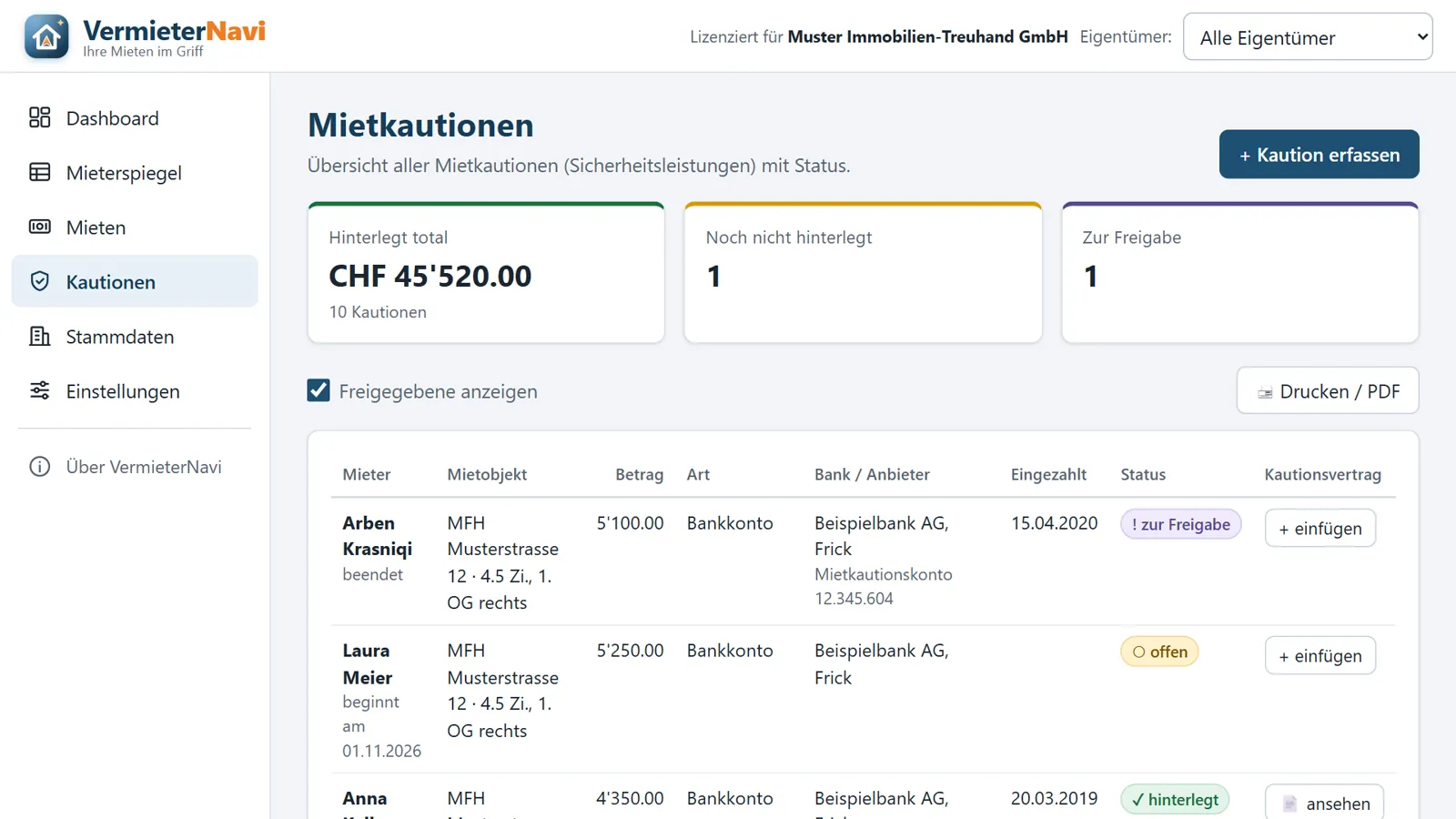 Übersicht der Mietkautionen in VermieterNavi