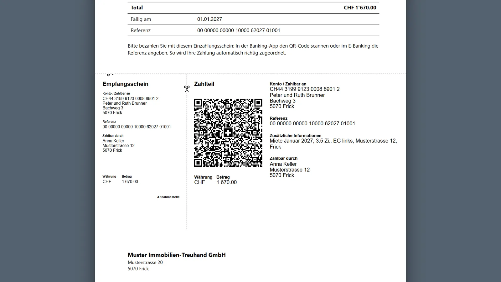QR-Einzahlungsscheine in VermieterNavi (Bildschirmfoto mit Beispieldaten)